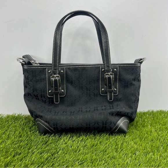 Fossil Black Leather Monogrammed Fabric Canvas Small Tote Satchel Handbag Purse - Picture 4 of 14